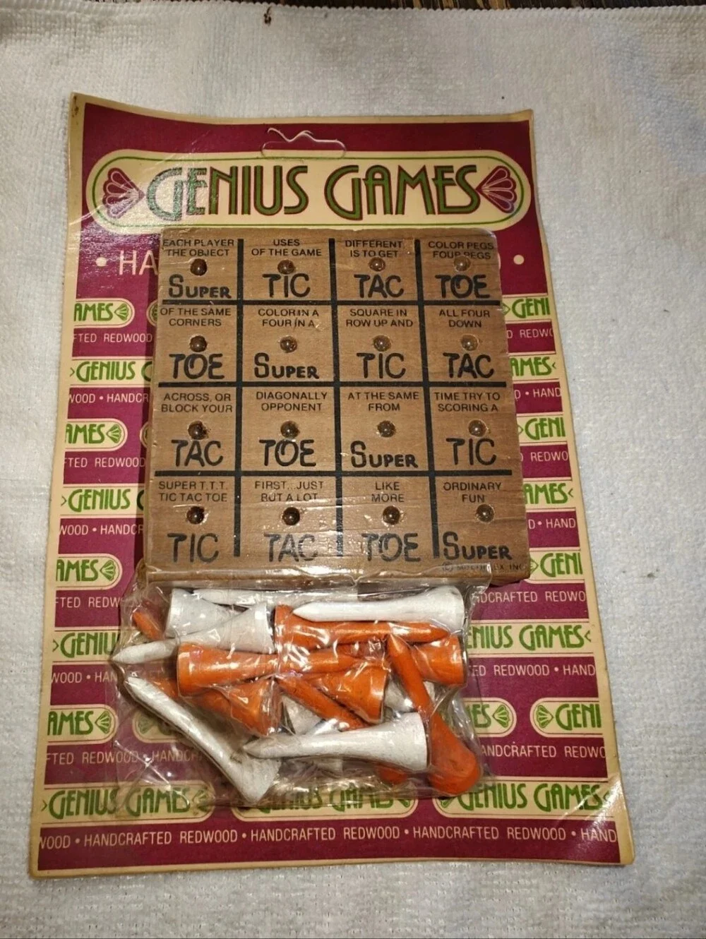 NOS Vintage Super Tic Tac Toe Game Handcrafted Redwood Game Board & Pegs